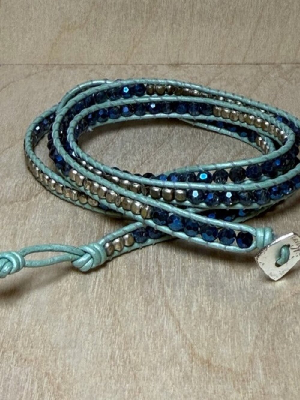 Blue‎ and Silver Beaded Leather Wrap Bracelet